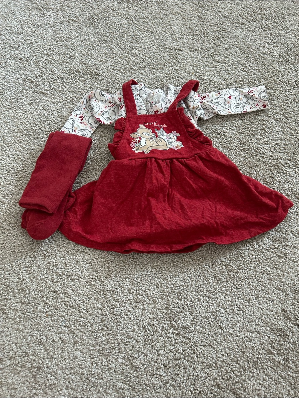 Disney Baby 3-6 Month Bambi Red Dress with Long Sleeve Shirt and Tights
